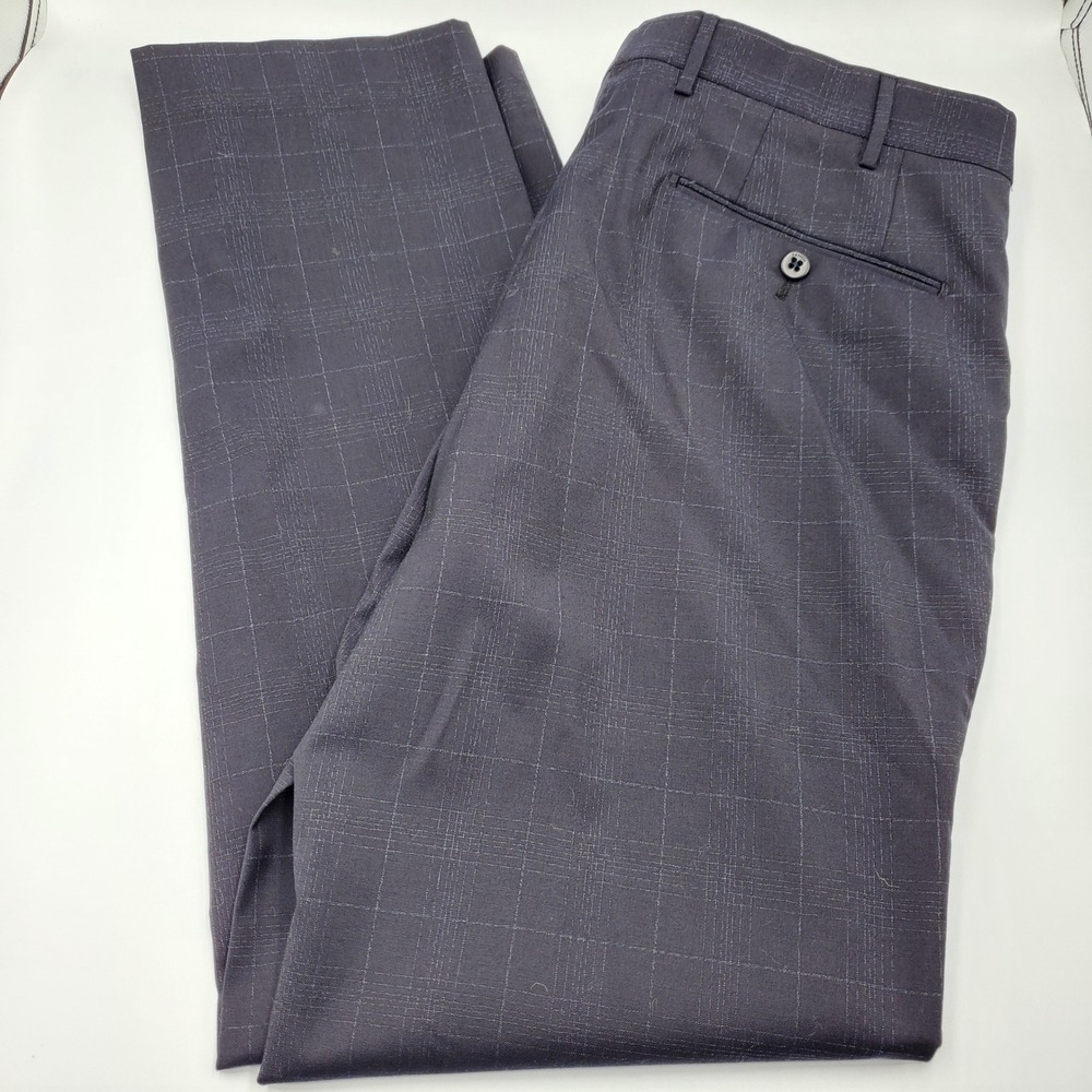 Zanella Curtis Men 32 Dark Gray Windowpane 100% Virgin Wool Dress Pants Italy